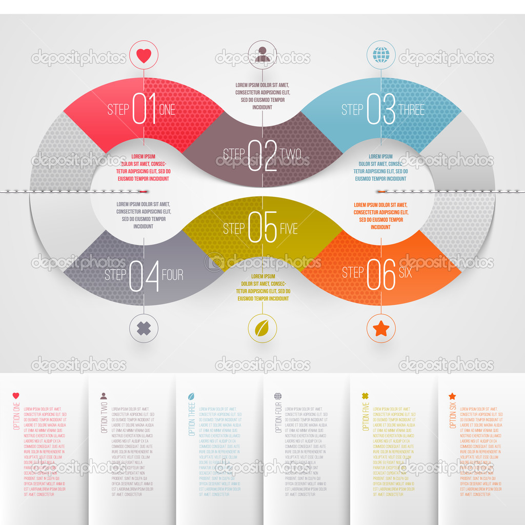 Infographics design template - abstract numbered color paper waves shapes